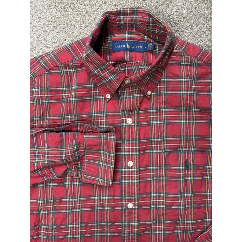 Polo Ralph Lauren Mens M Button Up Shirt With Pocket Plaid Long Sleeve Red Green